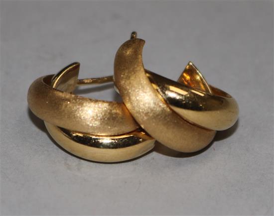 A pair of textured yellow metal double half-hoop earrings, (no butterflies).